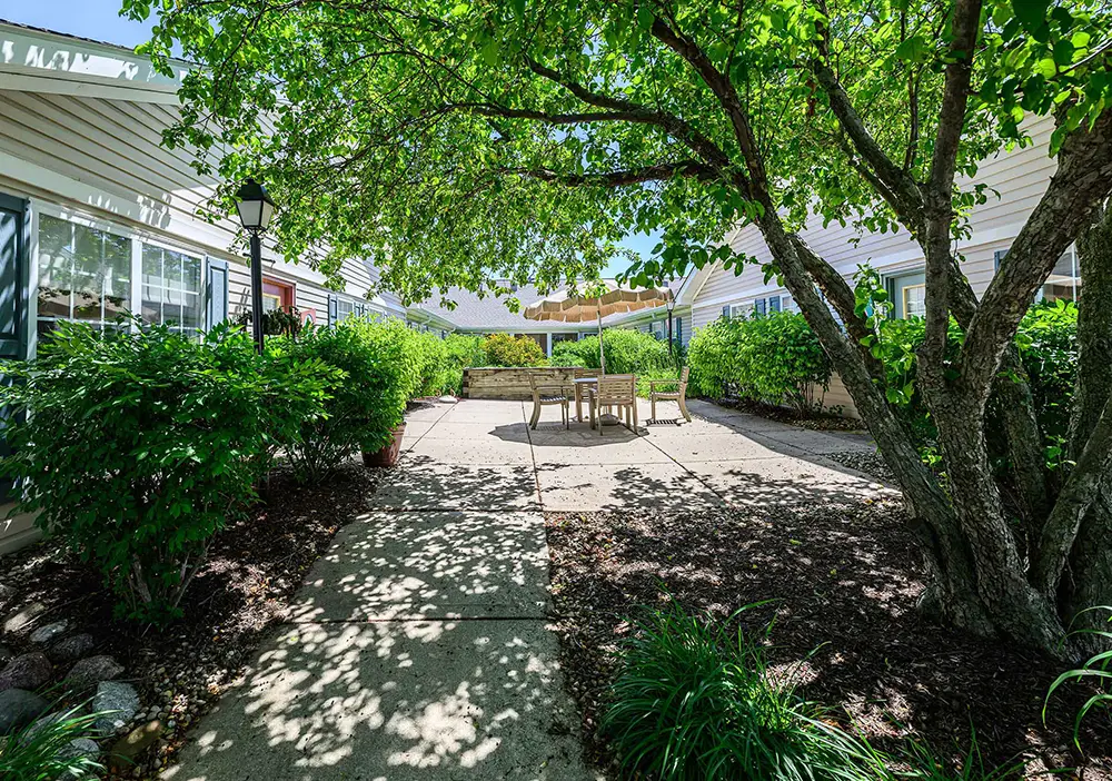 A paved patio with a table and chairs sits under a large leafy tree, surrounded by bushes and two white buildings—an inviting spot at Arden Courts Geneva, designed for comfortable Memory Care.
