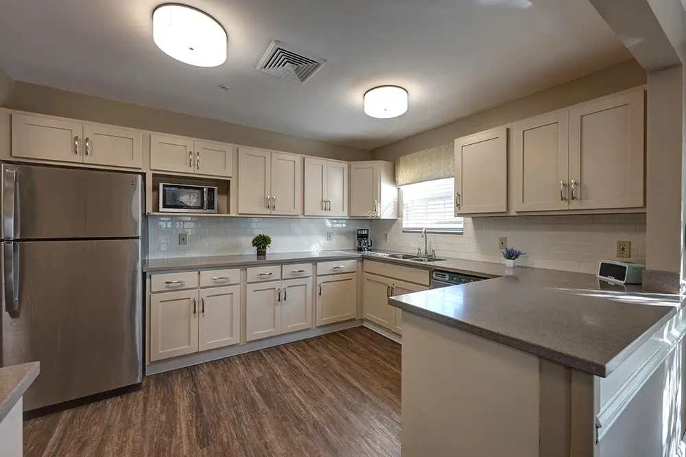 Geneva Rooms-1_2_3_4_5 Modern kitchen with stainless steel appliances, beige cabinets, gray countertops, wood flooring, and two ceiling lights. A window above the sink lets in natural light.