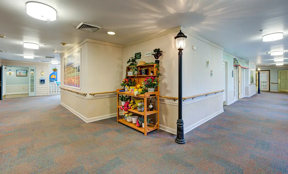 A brightly lit hallway with beige walls and carpet, featuring a corner shelf with artificial flowers and a decorative streetlamp. Doors and paintings line the hallway.