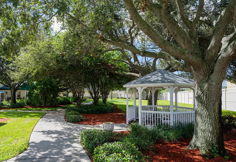 A paved path curves through a landscaped yard with a white gazebo under large, leafy trees and red mulch covering the ground.