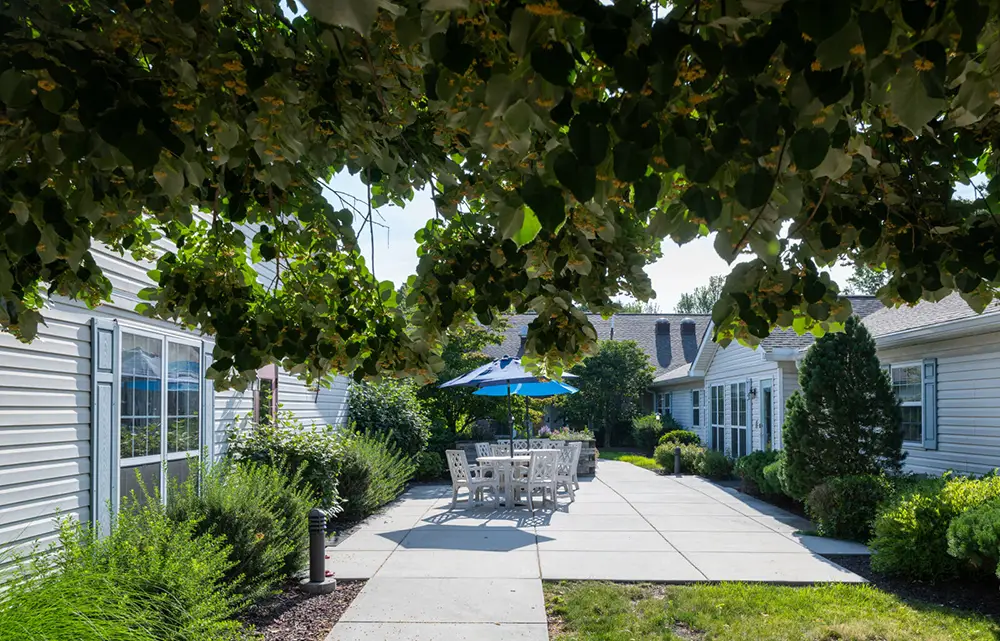 A paved courtyard with outdoor tables and chairs under a blue umbrella, surrounded by shrubs and single-story white buildings, partially shaded by tree branches overhead.