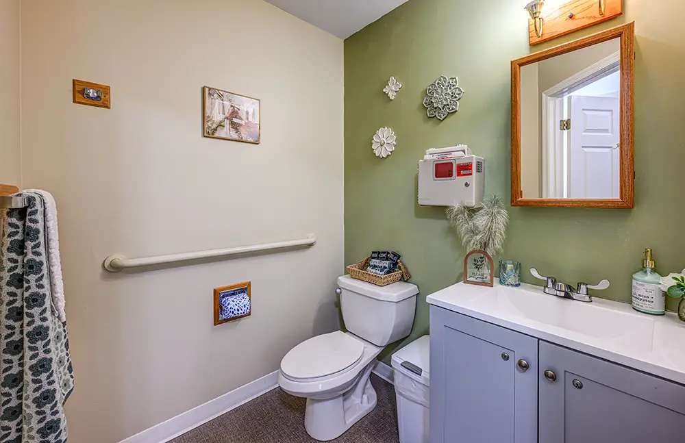 WAR_9258_59_60_61_62 A small bathroom with a toilet, sink, towel rack, wall art, safety handrail, and green accent wall under a mirror with overhead light.